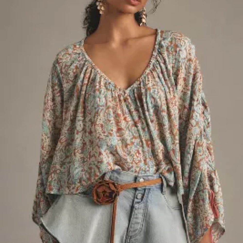 NWT: Floral Crop BY ANTHROPOLOGIE LONG-SLEEVE SHIRRED BLOUSE